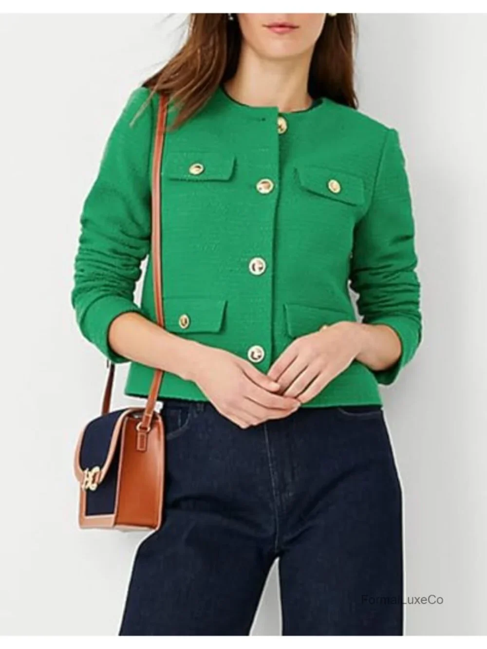 Cropped Tweed Blazer Jacket - Collarless Business Casual Blazers for Women